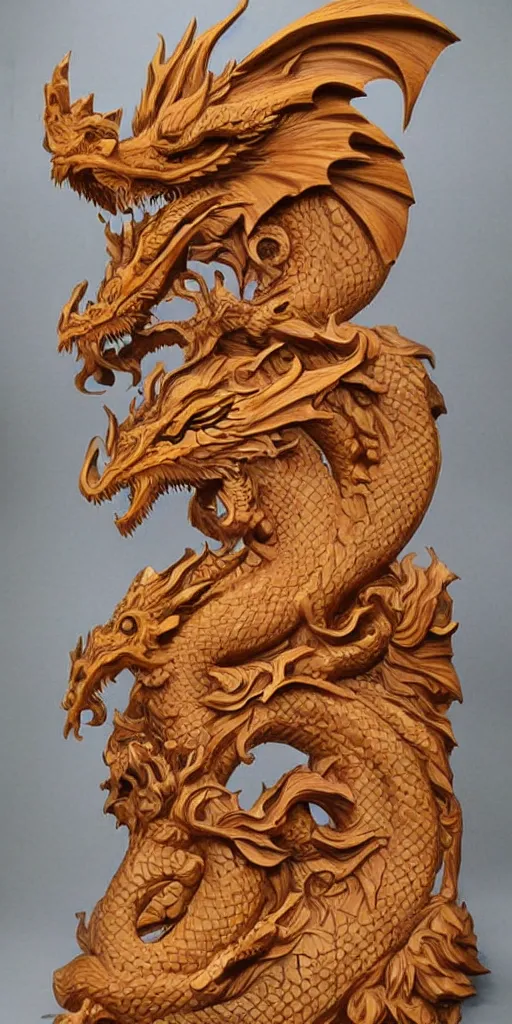 Image similar to Woodcarving of dragon with beautiful giant waves