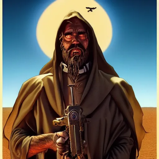 Image similar to a catholic priest with pale skin and black beard, revolver at side, crucifix around neck, similar to roland deschain, shadowy, in middle of desert, art by michael whelan, horror art, science fantasy, highly detailed, hq, trending on artstation, gritty