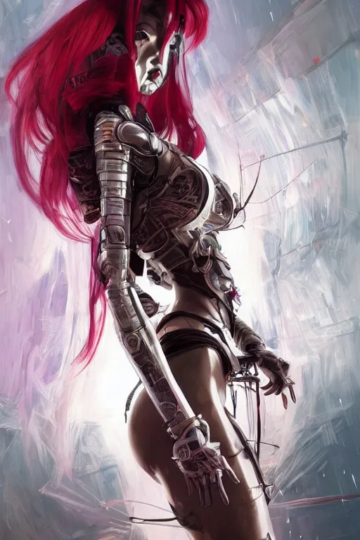 Image similar to > professional dynamtic portrait of female an agile geisha cyberpunk in a dynamic pose , armor elements , long red hair, beautiful bone structure, symmetrical facial features, intricate, elegant, digital painting, concept art, smooth, sharp focus, illustration, by Ruan Jia and Mandy Jurgens , and mucha, and Artgerm and William-Adolphe Bouguerea