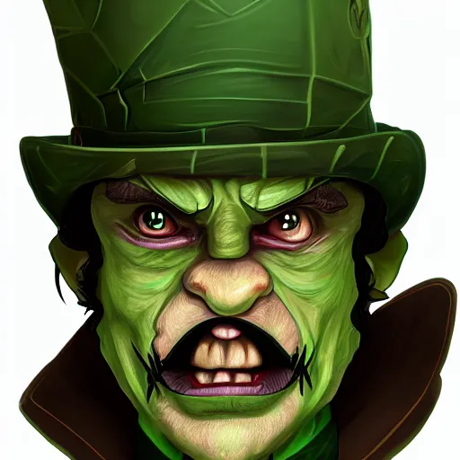 Image similar to a cartoonishly evil goblin, supervillain, top hat and luxurious moustache, green skin d & d character portrait, victorian clothing, digital art, 8 k,