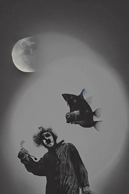 Image similar to clown, eating fish, moon, high res, sky diamonds, film grain