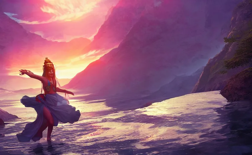 Image similar to Himalayan priestess dancing on water, beautiful flowing fabric, sunset, dramatic angle, 8k hdr pixiv dslr photo by Makoto Shinkai ilya kuvshinov and Wojtek Fus