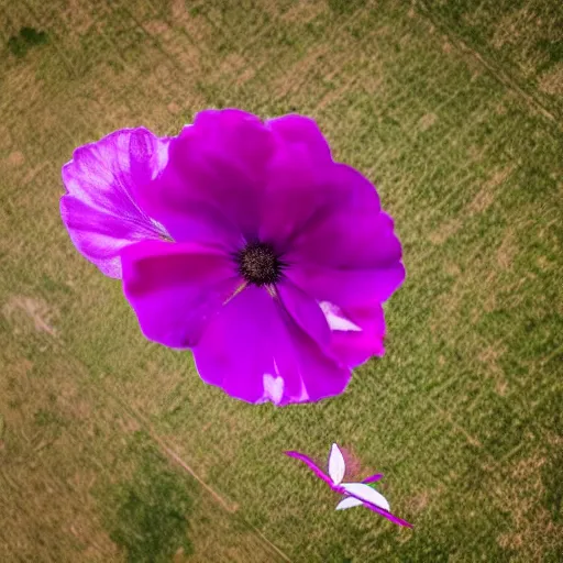 Image similar to closeup photo of purple flower petal flying above a summer city, aerial view, shallow depth of field, cinematic, 8 0 mm, f 1. 8