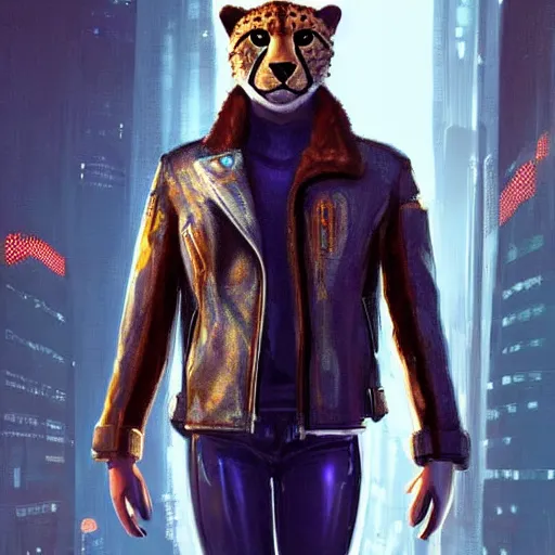 Prompt: A hyperrealistic portrait of an anthropomorphic cheetah in a leather jacket in a cyberpunk setting