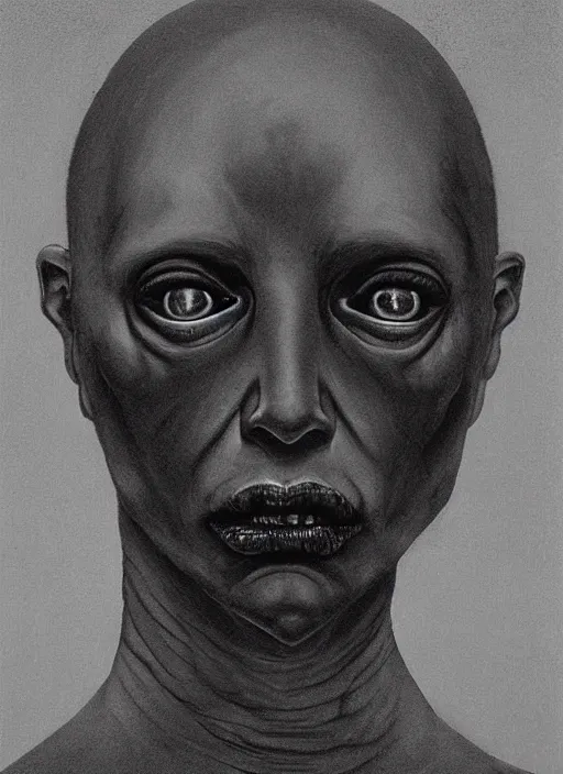 Prompt: black dramatic portrait of human painting with eyes instead of face, in the style of zdzisław beksinski, darkness, horror, body horror, scary