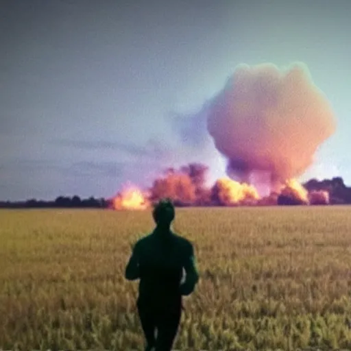 Image similar to cctv footage of a man running across a field, in the background is a large explosion, highly detailed, very realistic.