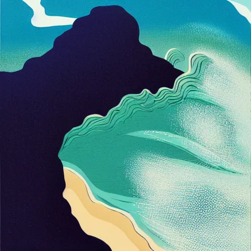 Image similar to top down view of a coastline with waves crashing on the shore, shades of blue, by eyvind earle