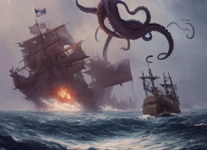 Prompt: Kraken attacking a ship, a fantasy digital painting by Greg Rutkowski and James Gurney, trending on Artstation, highly detailed