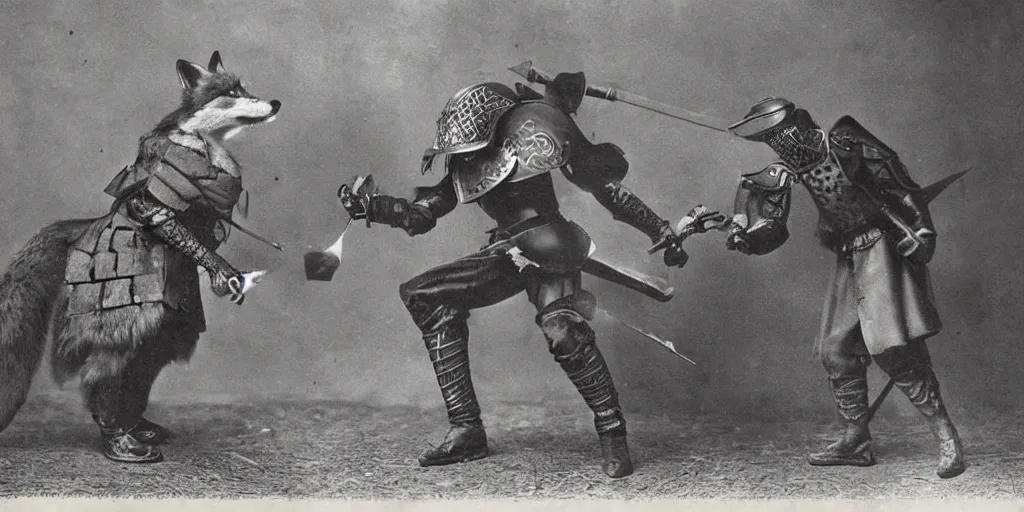 Image similar to an anthropomorphic fox furry fighting an evil knight who is twice as tall, 1 9 0 0 s photograph