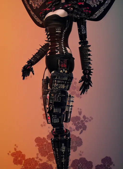 Image similar to full body portrait of a gothic style punk geisha robot with kanji tattoos and decals wearing a digital pixelated kimono, intricate design, photo - realistic, octane render, dark colour palette, ultra fine detailed, character design, trending on artstation