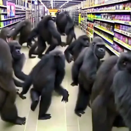 Image similar to cctv footage of a herd of gorillas raiding a walmart with people running away