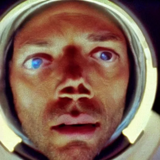 Prompt: a homeless man in Space Odyssey 2001, film still