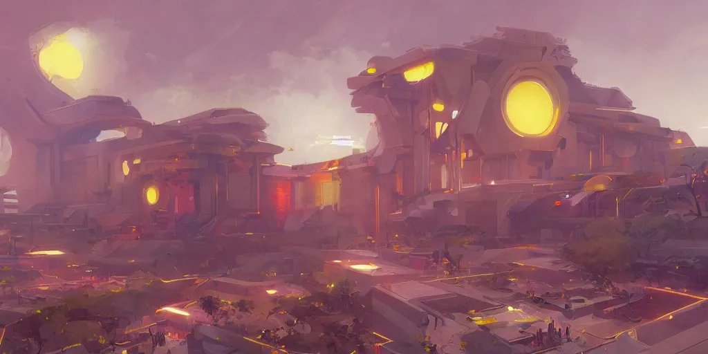 Image similar to a concept game art illustration of an afro futuristic college university high tech campus, pink and gold and varsity yellow and maroon color scheme, by Greg Rutkowski and Mike Mignola