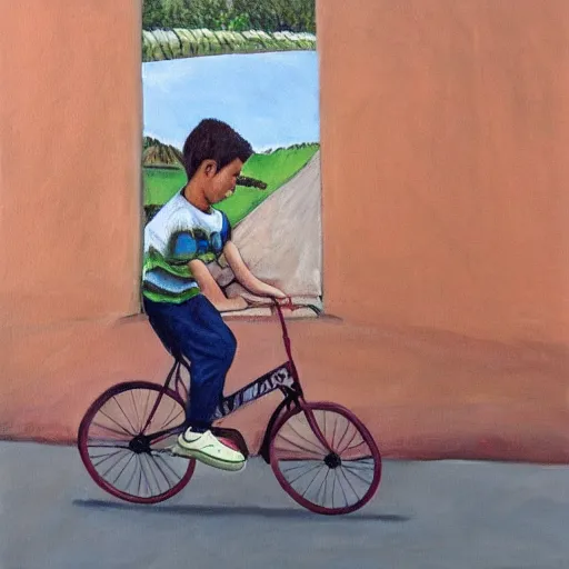 Image similar to a painting of a boy riding a bicycle in falaiscoglieklippantilado