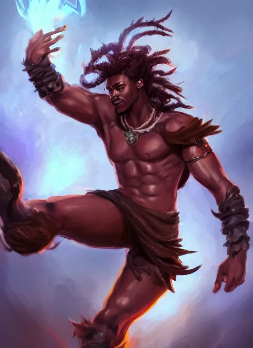 Image similar to a highly detailed illustration of attractive young african fire god with tall hair, heroic kicking pose, intricate, elegant, highly detailed, centered, digital painting, artstation, concept art, smooth, sharp focus, league of legends concept art, wlop