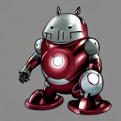 Prompt: Totoro as iron man, lit eyes, product photo, studio lighting