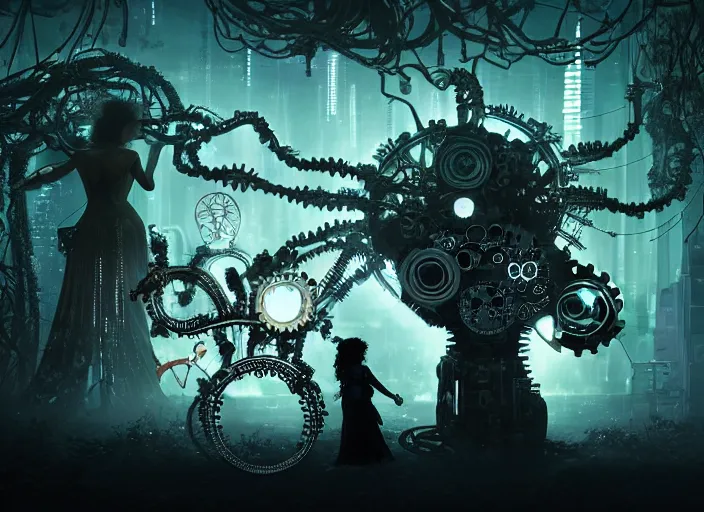 Image similar to silhouette of an intricate mechanical fairy with visible gears having tea with a cyborg gorgon medusa in a magical forest. Very detailed 8k. Fantasy cyberpunk horror. Sharp. Cinematic post-processing