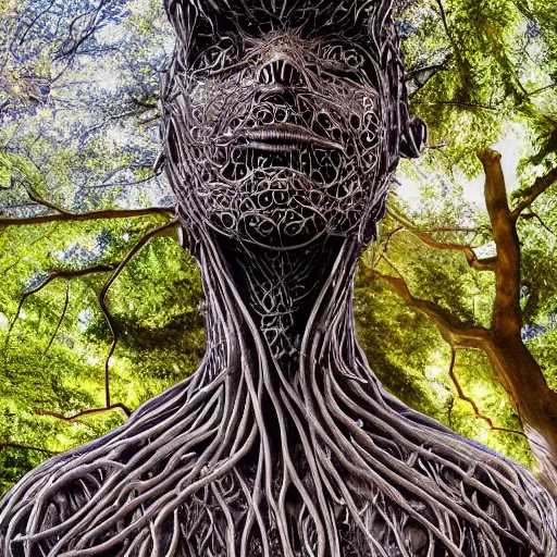 Image similar to a human man statue encased by a cosmic tree, a sense of awe, amazement, monogon, plasma display, wooden, silver, mercury, damascus, armature wire, multiscopy, morph, in a symbolic and meaningful style, insanely detailed and intricate, hypermaximalist, elegant, ornate, hyper realistic, super detailed,