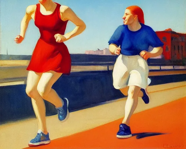 Image similar to blond lady with red and blue sneakers running through israel, running by salsa vendor, oil on canvas by edward hopper