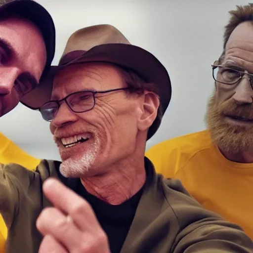 Image similar to A still of Jerma taking a selfie with Bryan Cranston in Albuquerque, New Mexico with a yellow filter, real life, hyperrealistic, ultra realistic, realistic, highly detailed, epic, HD quality, 8k resolution, body and headshot, Trending on Artstation, very realistic