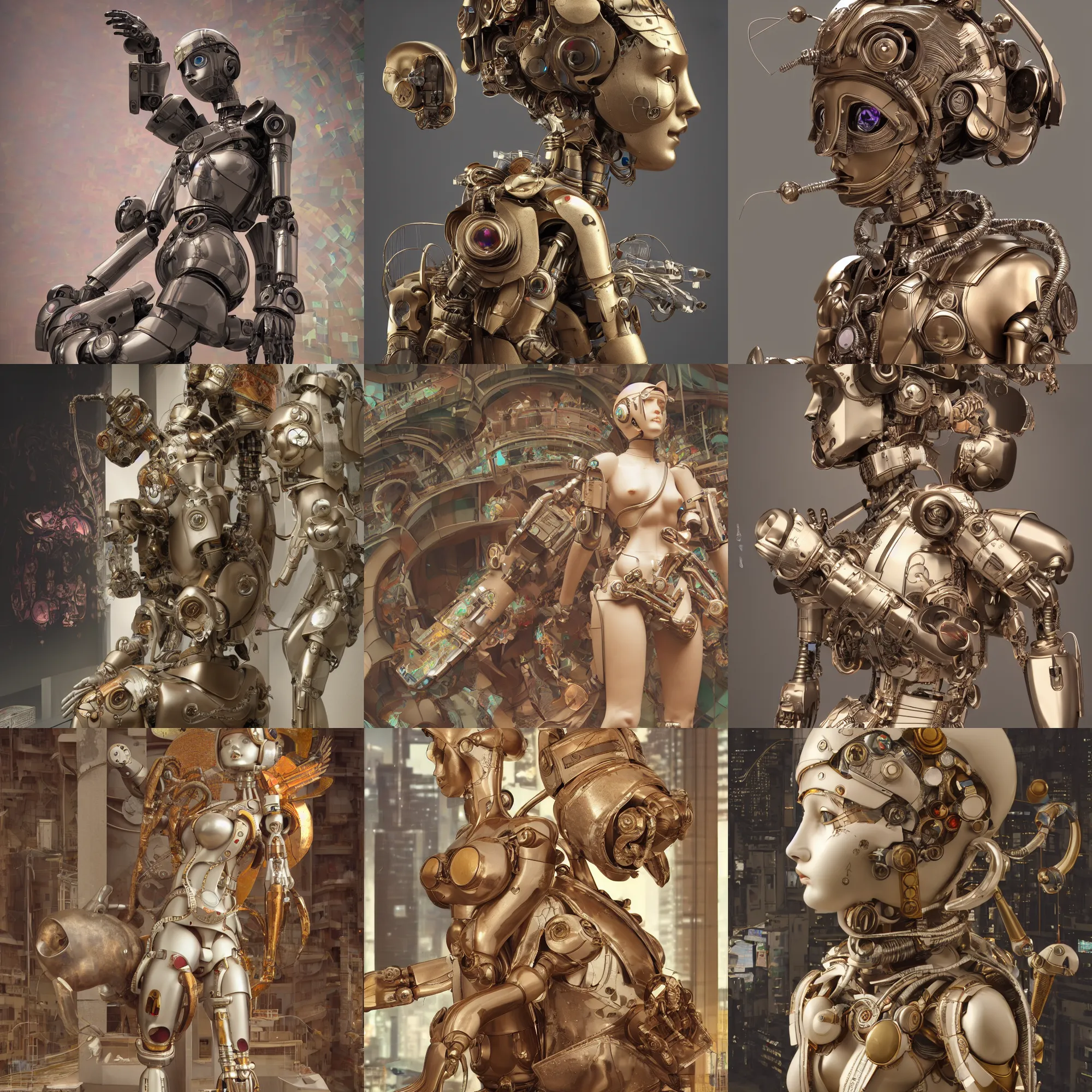 Prompt: 3 d octane render, ultra photorealistic, 8 k hyper detailed, a very cute roman statue robot of the anthropology, cat ears, cyberpunk, birds f cgsociety, in a contemporary art gallery, in neo tokyo, artwork by alphonse mucha