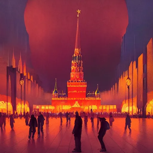 Image similar to a painting of fire on Red Square in Moscow, a watercolor and matte painting by Beeple and RHADS and maxfield parrish, cgsociety, brutalism, dystopian art, sci-fi, artstation hq