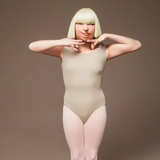 Image similar to sia furler wearing a skin colored leotard full body artistic photoshoot