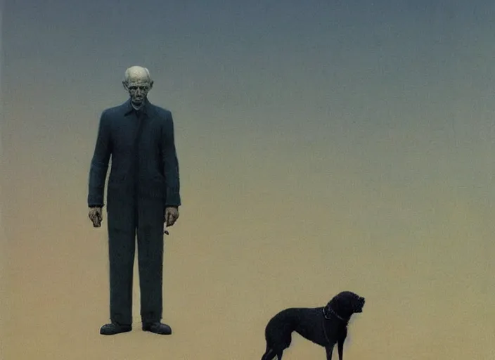 Image similar to portrait of a man and his dog, highly detailed, science fiction, Edward Hopper and James Gilleard, Zdzislaw Beksinski highly detailed