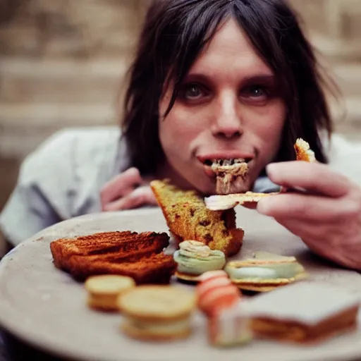 Prompt: closeup portrait of a medieval goblin eating cakes in the cloisters, depth of field, bokeh, zeiss lens, detailed, symmetrical, centered, fashion photoshoot, by annie leibovitz and steve mccurry, david lazar, jimmy nelsson, breathtaking, 8 k resolution, extremely detailed, beautiful, establishing shot, artistic, hyperrealistic, beautiful face, octane render