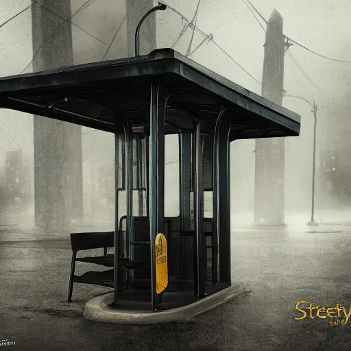 Image similar to bus stop at silent dark city, Waya Steurbaut entertainment, cinematic, dark, detailed 1000K, inspiring