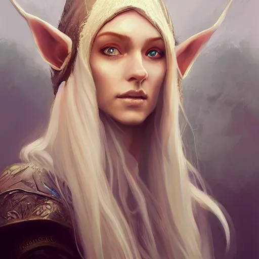 Prompt: a head - on detailed oil portrait of a distinguished elven woman wearing a white hood with long!! curly!! blonde hairs and bright irises, by charlie bowater, lise deharme, wlop, trending on artstation, dungeon and dragons art, l critical role