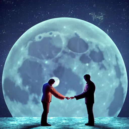 Prompt: man holding a woman's hand under the moon, beautiful, stunning, breathtaking, mirrors, glass, magic circle, magic doorway, fantasy, mist, bioluminescence, hyper - realistic, unreal engine