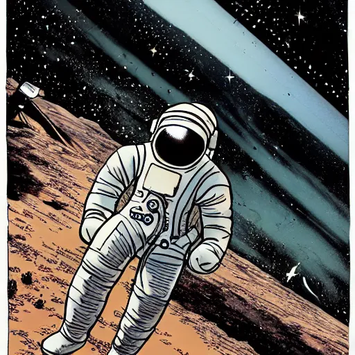 Image similar to astronaut exploring a derelict by frank miller