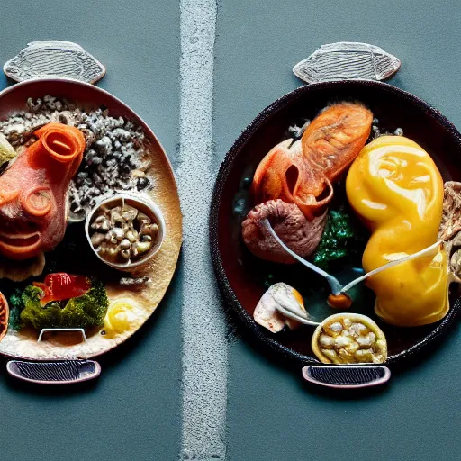 Image similar to a meal of strange and disgusting, but also futuristic designer food, food photography