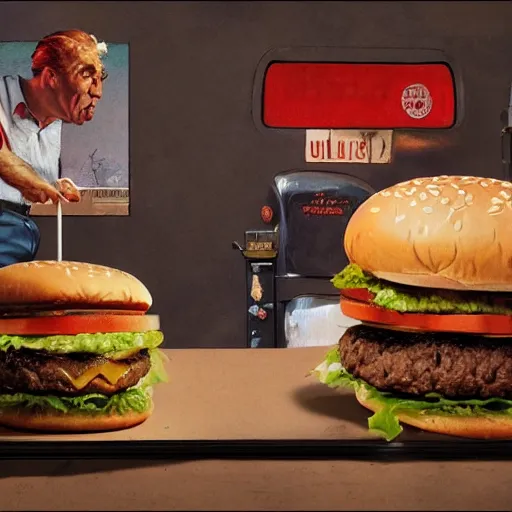 Prompt: eddie veddar thrashing a massive big mac hamburger, extra pickles and onions, ultra detailed, style of norman rockwell, style of richard corben, 4 k, rule of thirds.