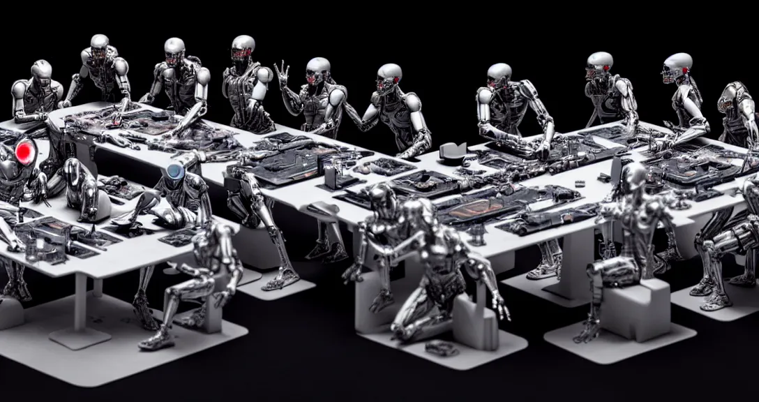 Image similar to war, 13 diverse cyborgs on one_side of a reflective !cybernetic table, posing_as_last_supper, inticrate detailed glowing implants, highly detailed, dramatic lighting, electrical details, high details, beautiful lighting