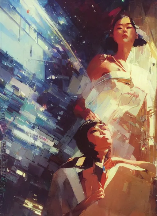 Prompt: Lee Jin-Eun by John Berkey and Vincent Di Fate, rule of thirds, seductive look, beautiful, in intergalactic hq, ethereal lighting, smooth, visually stunning