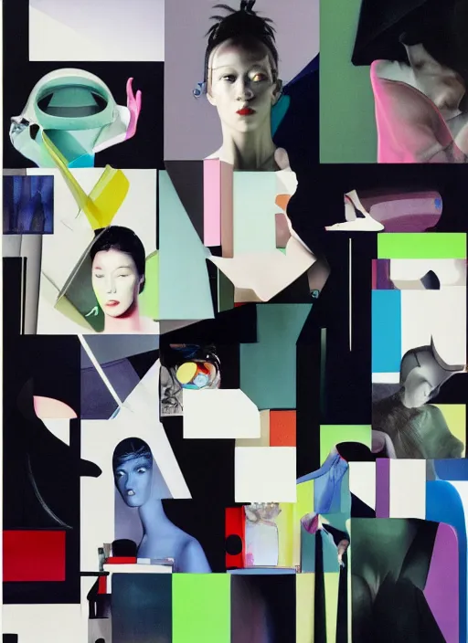 Image similar to balenciaga cmpaign, futuristic fine lasers tracing, futuristic japan rural nature touring and ceramics, by steven meisel, kaws, rolf armstrong, mondrian, kandinsky, perfect geometry abstract acrylic, octane hyperrealism photorealistic airbrush collage painting, dark monochrome, fluorescent colors, minimalist rule of thirds, eighties eros