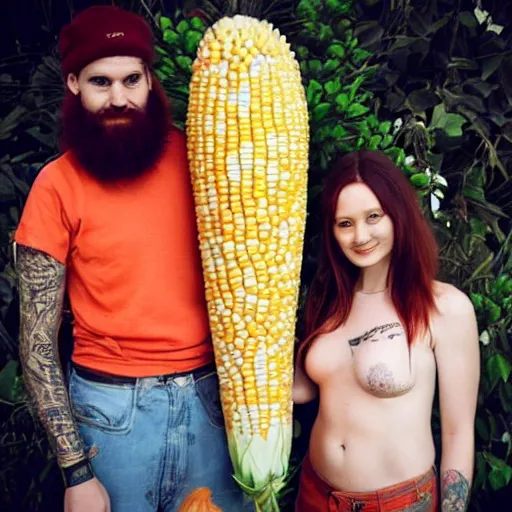 Image similar to photo of a slender attractive couple. The woman has long straight red orange hair. The man has a dark thick neatly groomed beard and tattoos. They are holding a giant corn and a cute baby.