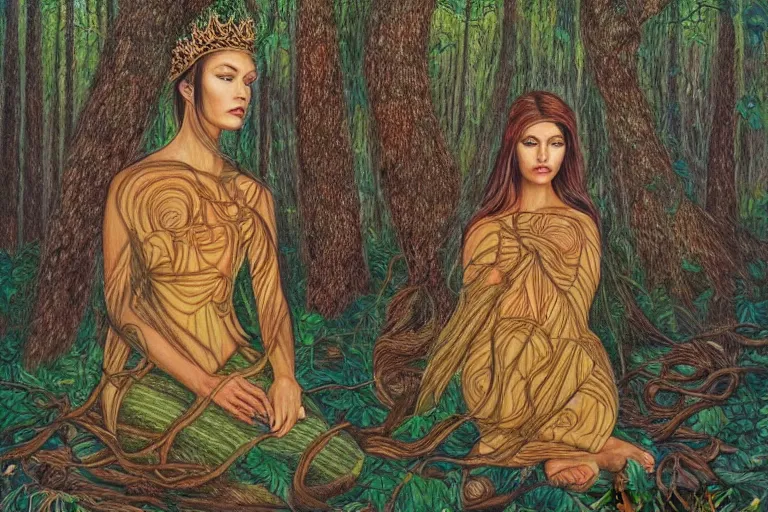 Image similar to a calm beautiful queen sitting in the forest by amanda sage, portrait,