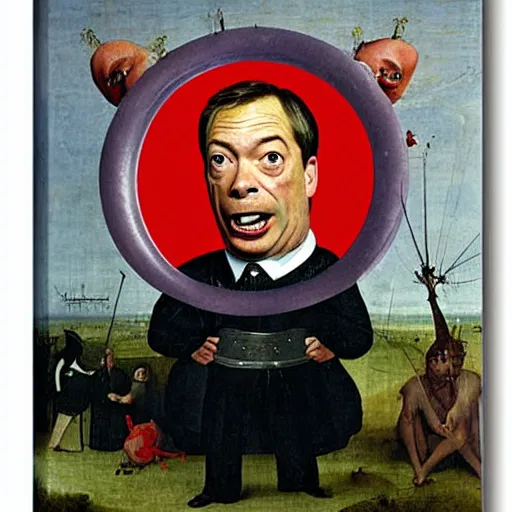 Image similar to red faced nigel farage angry screaming, by hieronymus bosch