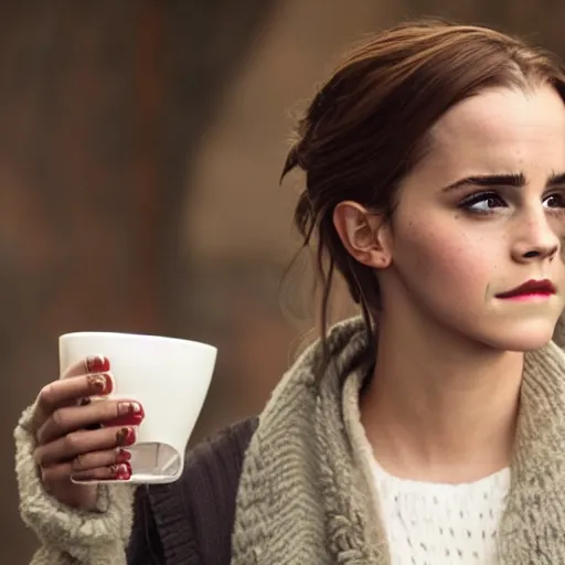 Image similar to photo of a cold emma watson holding a cup of warm milk, cozy
