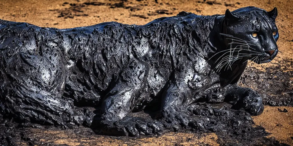 Image similar to a panther, made of tar, bathing inside the tar pit, full of tar, covered with liquid tar. dslr, photography, realism, animal photography, color, savanna, wildlife photography