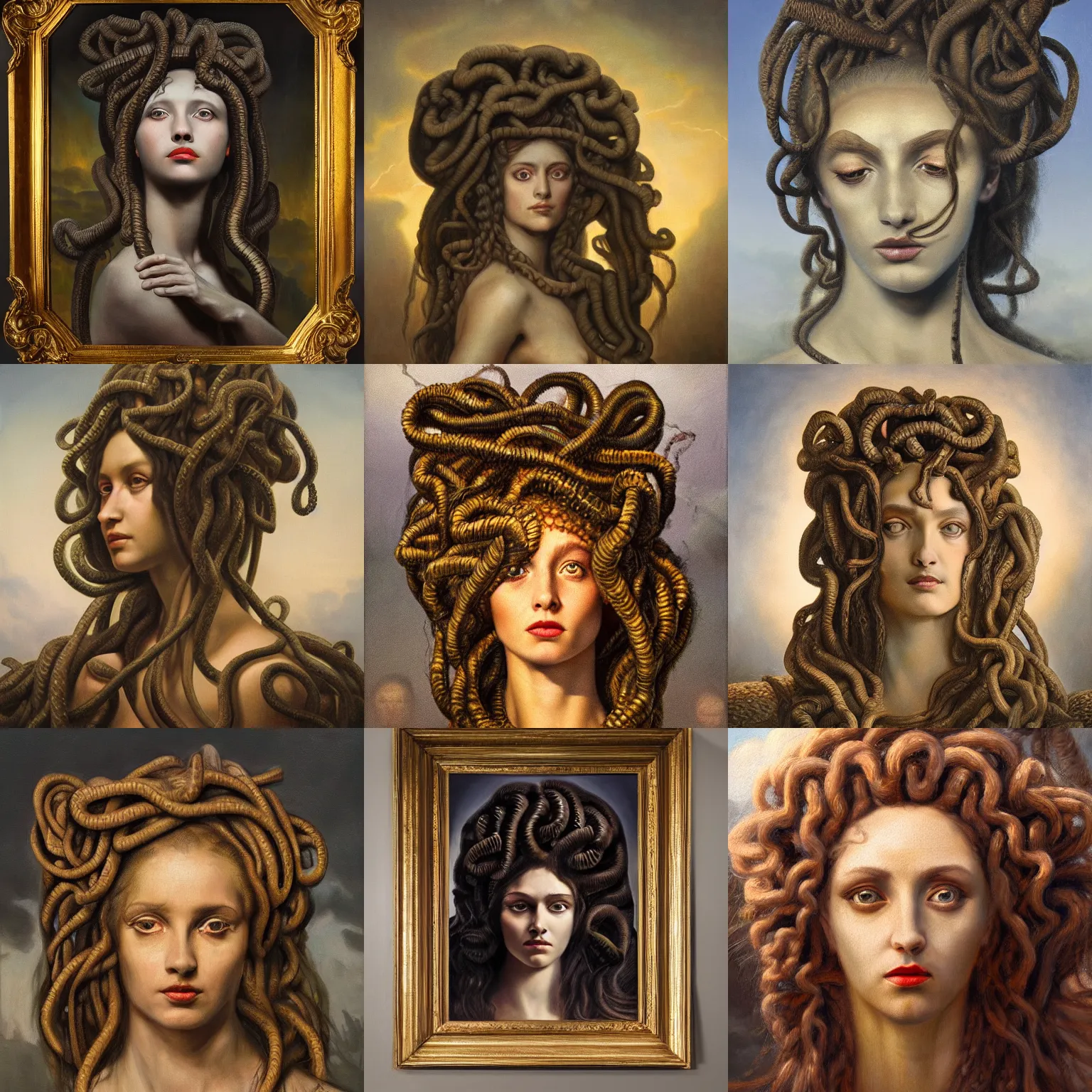 Prompt: Oil painting of medusa gorgo with many heads inside her hair, dramatic moonlight lighting, in the style of Ivan Kramskoi, masterpiece, 4k