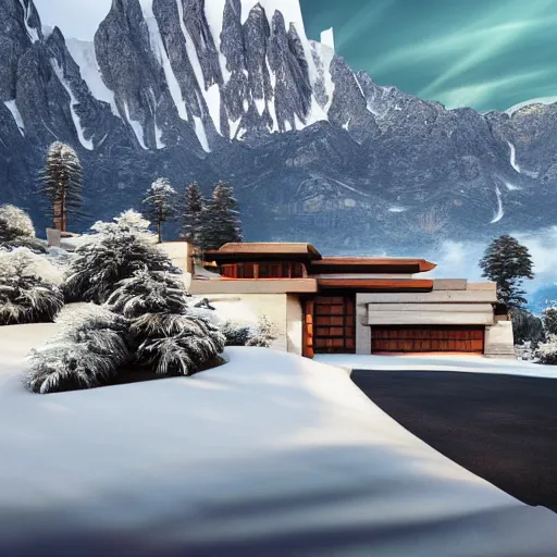 Image similar to alpine landscape with windy road and modern houses designed by frank lloyd wright scattered on the mountainsides, photo realism, dramatic lighting, high quality digital art, unreal engine, cinematic