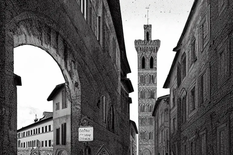 Prompt: florence old street in 1 6 th century with a tower in background, line art, black and white, dramatic lighting, cinematic composition, concept art, detailed textures