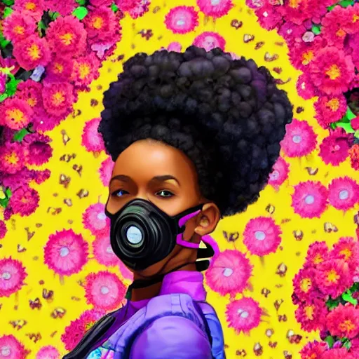 Image similar to a young black girl with colorful afro puffs wearing a gas mask in a field of flowers, Apex Legends character, digital illustration portrait design, by amanda sage and adi granov, retrowave color scheme, detailed, cinematic lighting, wide angle action dynamic portrait