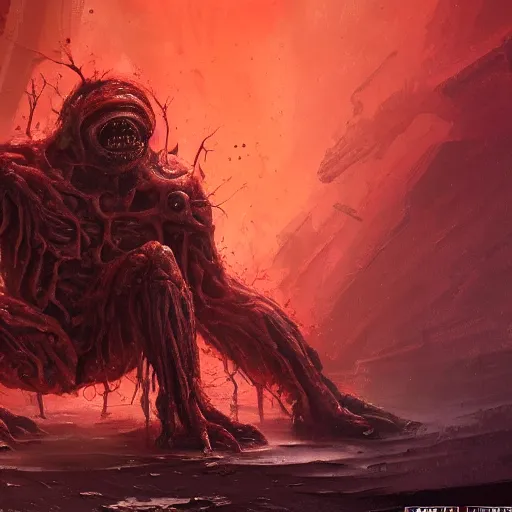 Prompt: scifi art by Greg Rutkowski, hideous monster made of twisted human flesh and reddish ooze, lumpy bloated upper body with elongated and sharp limbs, small head like a ball with two empty holes for eyes, only human beings are its legs, vicious appearance, scifi, space horror, digital painting, artstation, concept art, smooth, sharp foccus ilustration, Artstation HQ.
