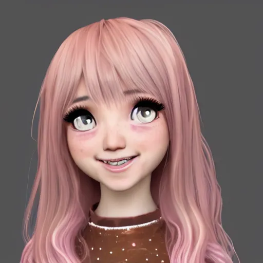 Image similar to Render of Nikki from Shining Nikki Dress-Up Game, a cute 3D young woman, long light pink hair, full bangs, full round face, hazel amber eyes, pale skin, cute freckles, light blush, Chinese heritage, smiling softly, wearing casual clothing, interior lighting, cozy living room background, medium shot, mid-shot, hyperdetailed, trending on Artstation, Unreal Engine 4k