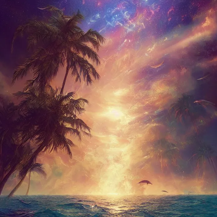 Prompt: dolphins swimming, golden hour, god rays, dreamscape by artgerm and ruan jia and ismail inceoglu and greg olsen, cosmos, milky way galaxy, masterpiece, beautiful, intricate, elegant, highly detailed, palm trees